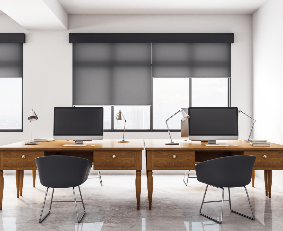 Bright concrete coworking office interior. Workplace and design concept. 3D Rendering